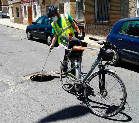 Imagen de un técnico del Ayuntamiento de Huelva realizando labores de control de plagas.